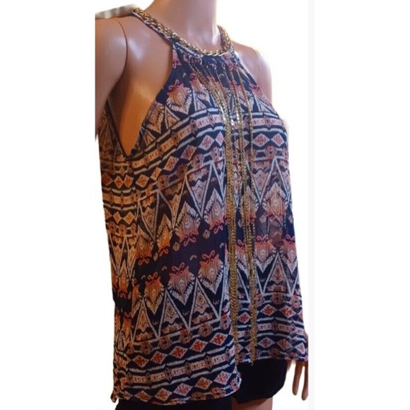 LOVE SONG WOMEN'S TOP-Fringe Multicolor Halter Gold Chain Geometric- Large - Picture 2 of 10